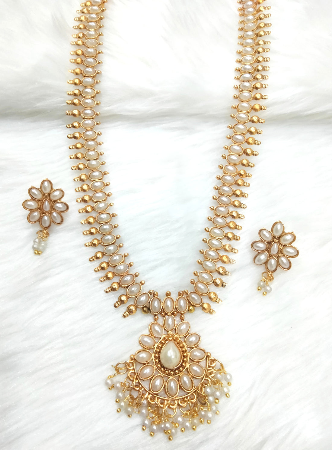 Traditional Gold-Plated Pearl Long Haram Necklace Set with Floral Pendant