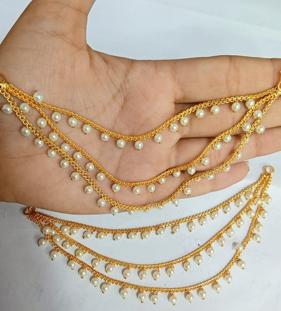 Gold plated kanchain 3 layer long bridal wedding ear kan chain