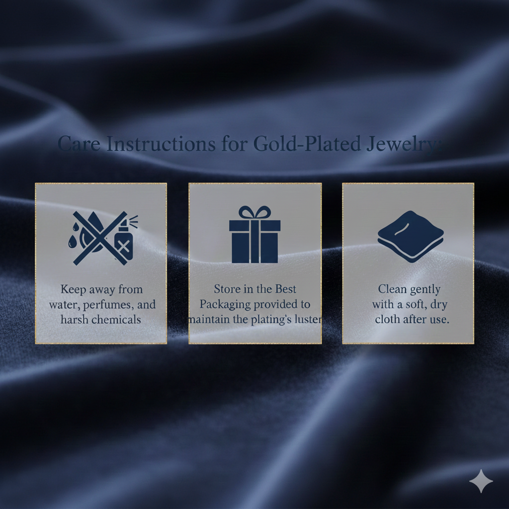 Care instructions for gold-plated jewelry displayed on a dark fabric background