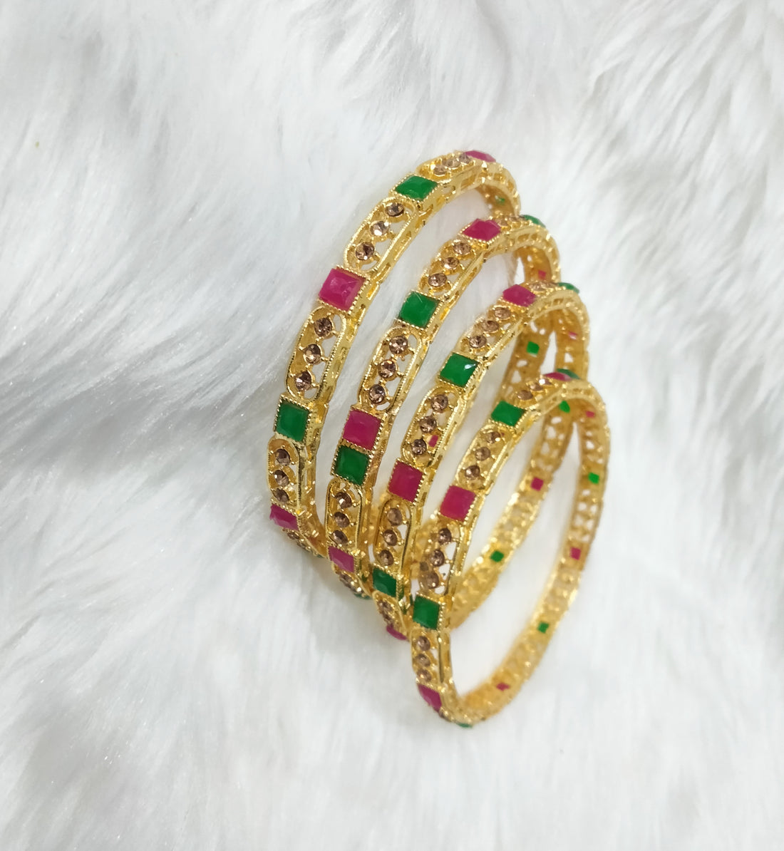Exquisite Gold-Plated Traditional Bangles Set of 4 – Ruby & Emerald Glass Stone Studded Polki Style Kada for Women