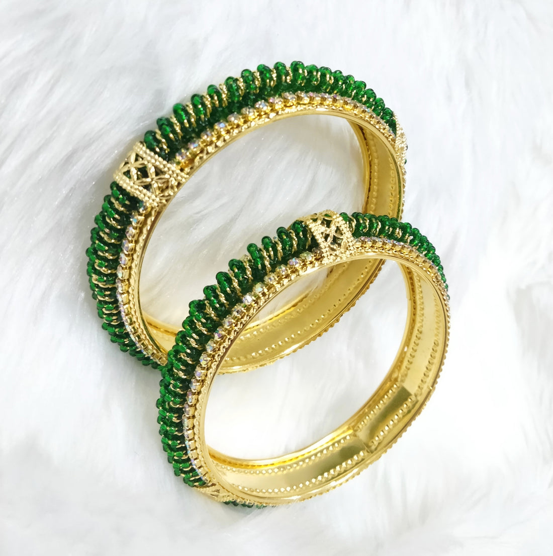 Emerald Green & Gold-Plated Beaded Kada Bangles (Set of 2)