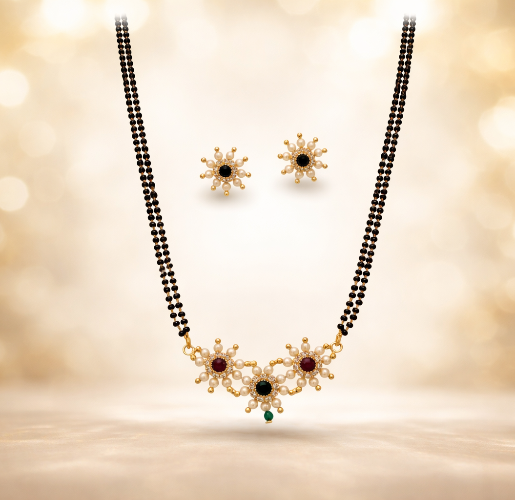 Jewelry set with Mangalsutra and earrings on a beige background