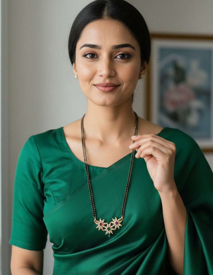 Woman wearing a green dress and necklace indoors