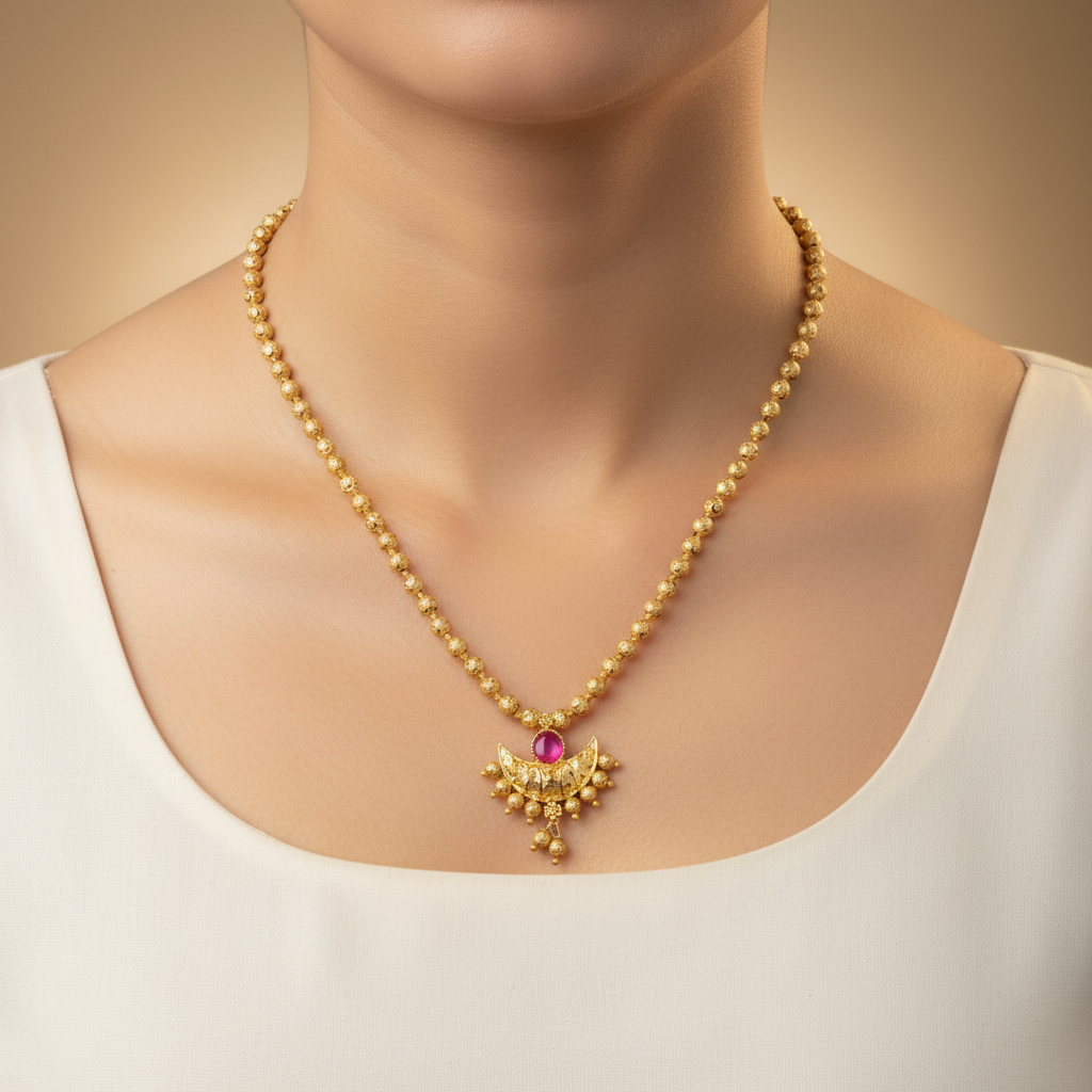 Gold necklace with a pendant on a mannequin against a beige background