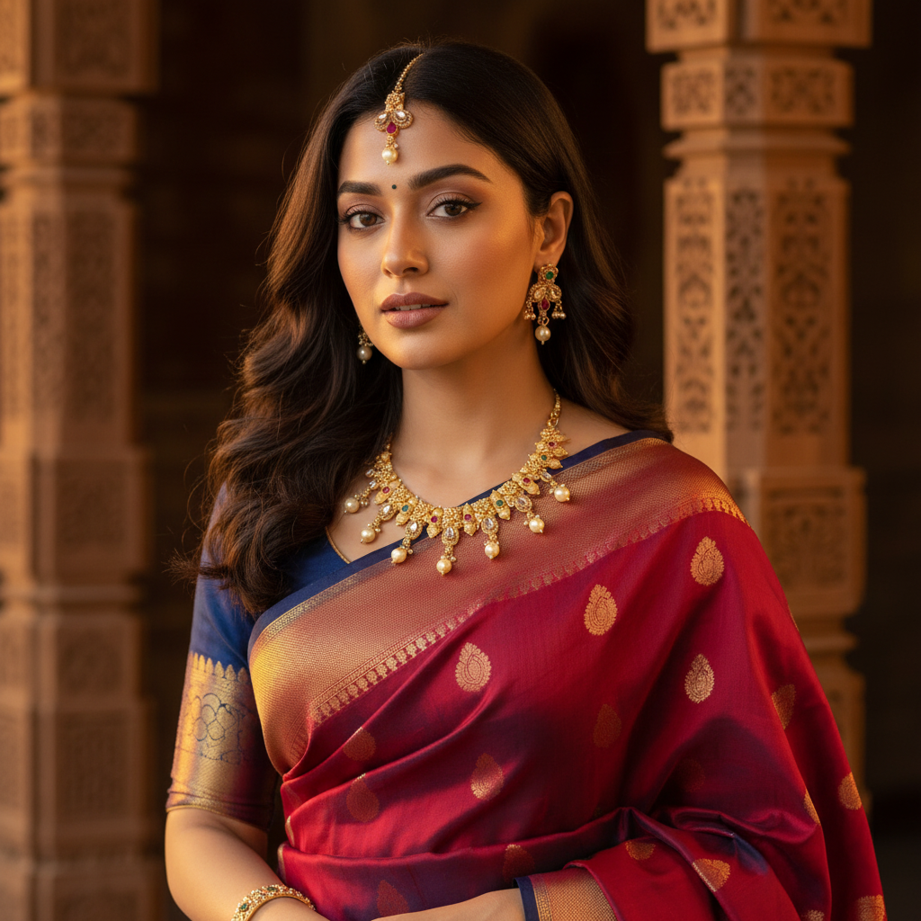 Gold necklace with pearls and gemstones on a white background