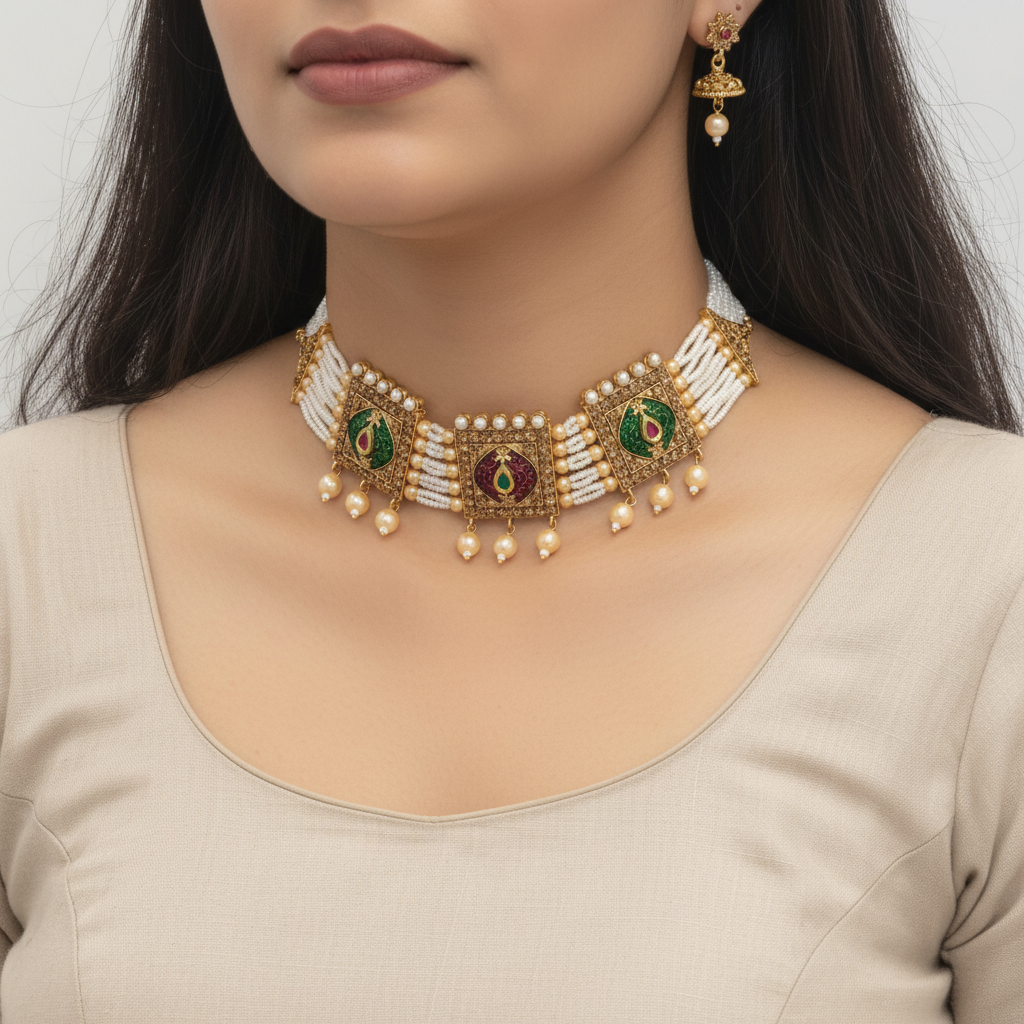 Gold, green, and white jewelry set with necklace and earrings on a white background