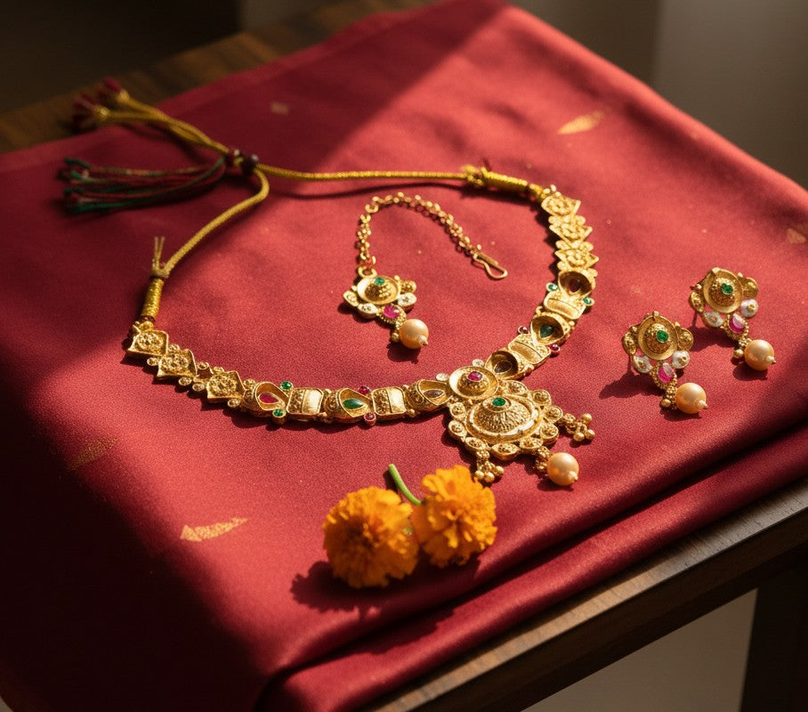 Antique Gold Pendant Necklace Set with Tikka | Traditional Ruby & Emerald Stone Jewelry