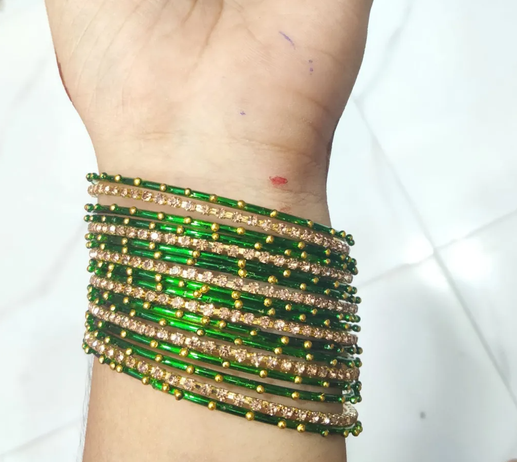 Vibrant Green and Gold Studded Bangle Set