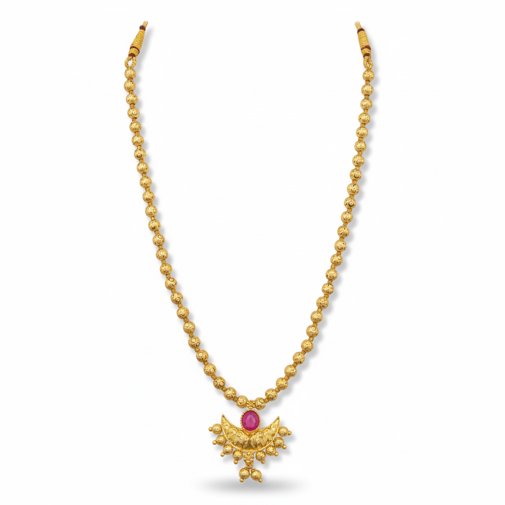 Gold necklace with a pendant on a mannequin against a beige background