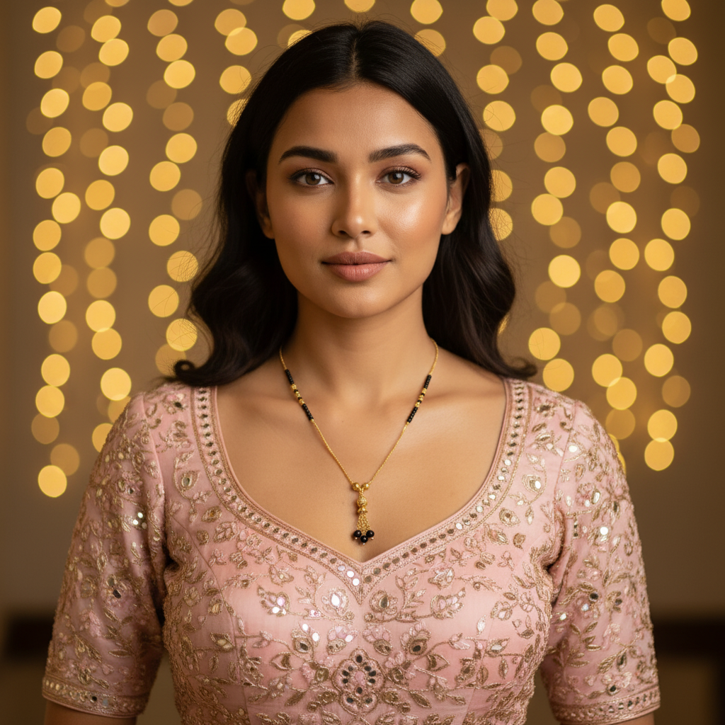 Fancy gold plated mangalsutra with black beads on a white background