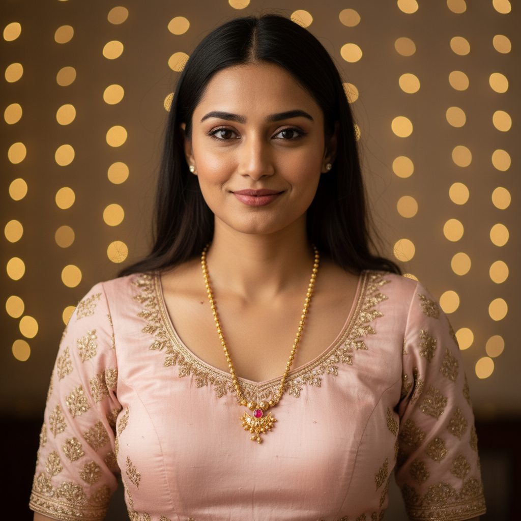 Gold necklace with a red gemstone pendant on a white background